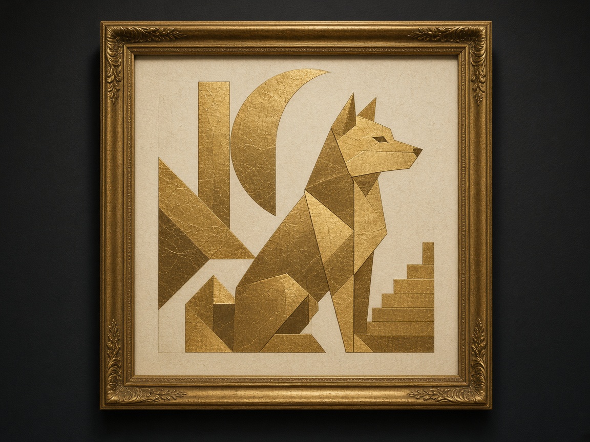 Gold-leaf Shiba study hanging in a dark gallery