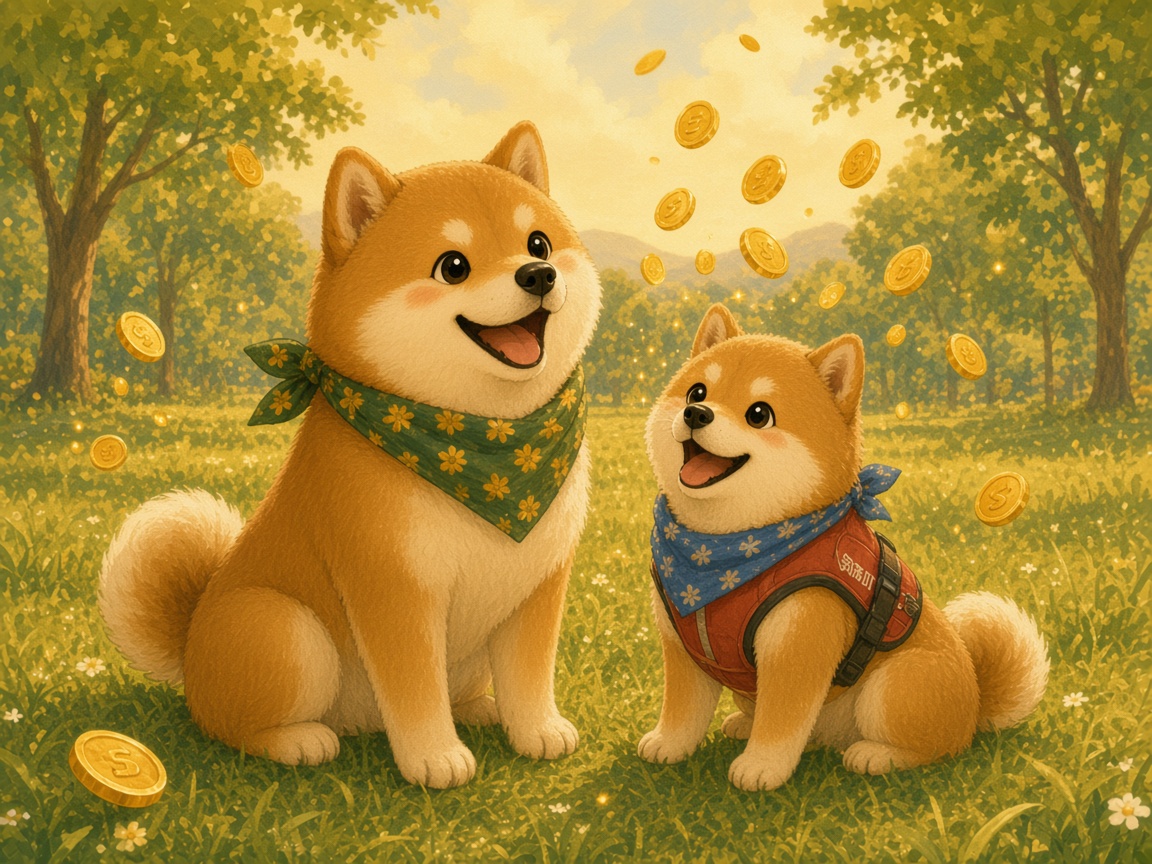 Cartoon Shiba sitting proudly beside a working service dog in a tiny vest