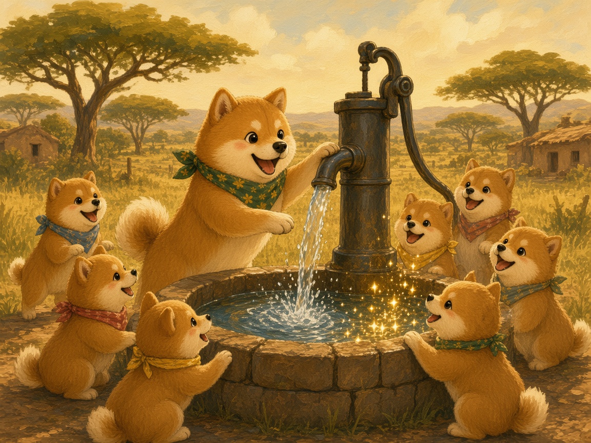 Cartoon Shibas pumping a village well under acacia trees
