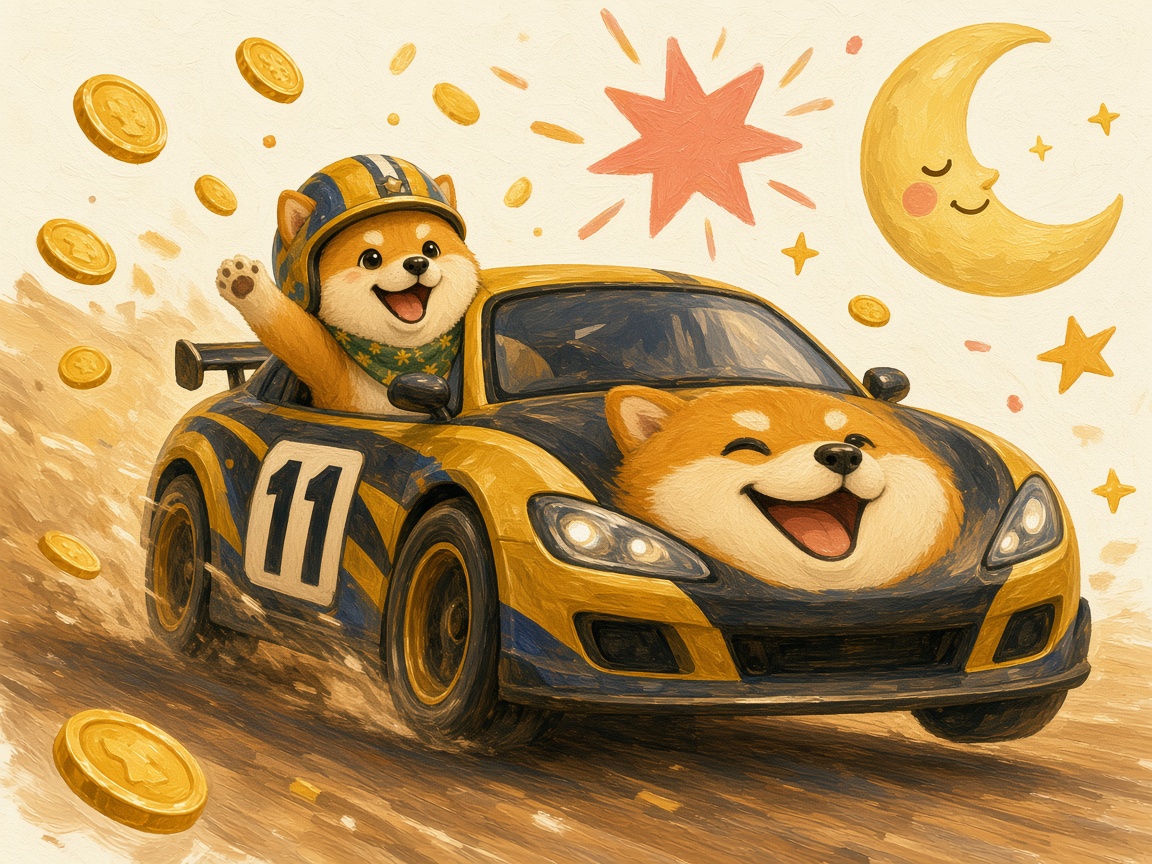 Cartoon Shiba in a tiny helmet hanging out of a black-and-gold stock car