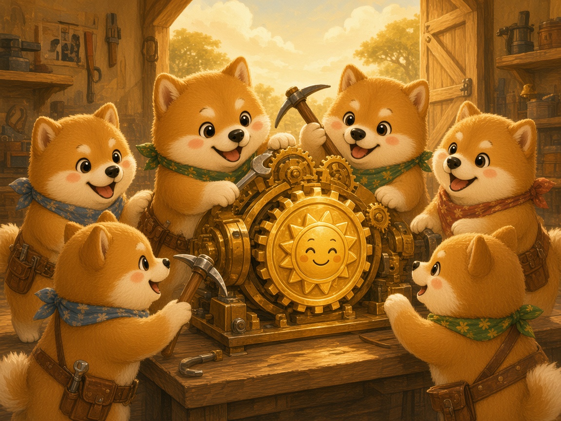 Mechanic cartoon Shibas assembling a gold node from gears and a scrypt pickaxe