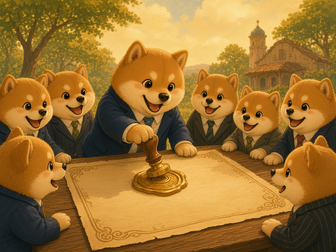 Cartoon Shibas in tiny suits stamping a gold community hall with a wax seal
