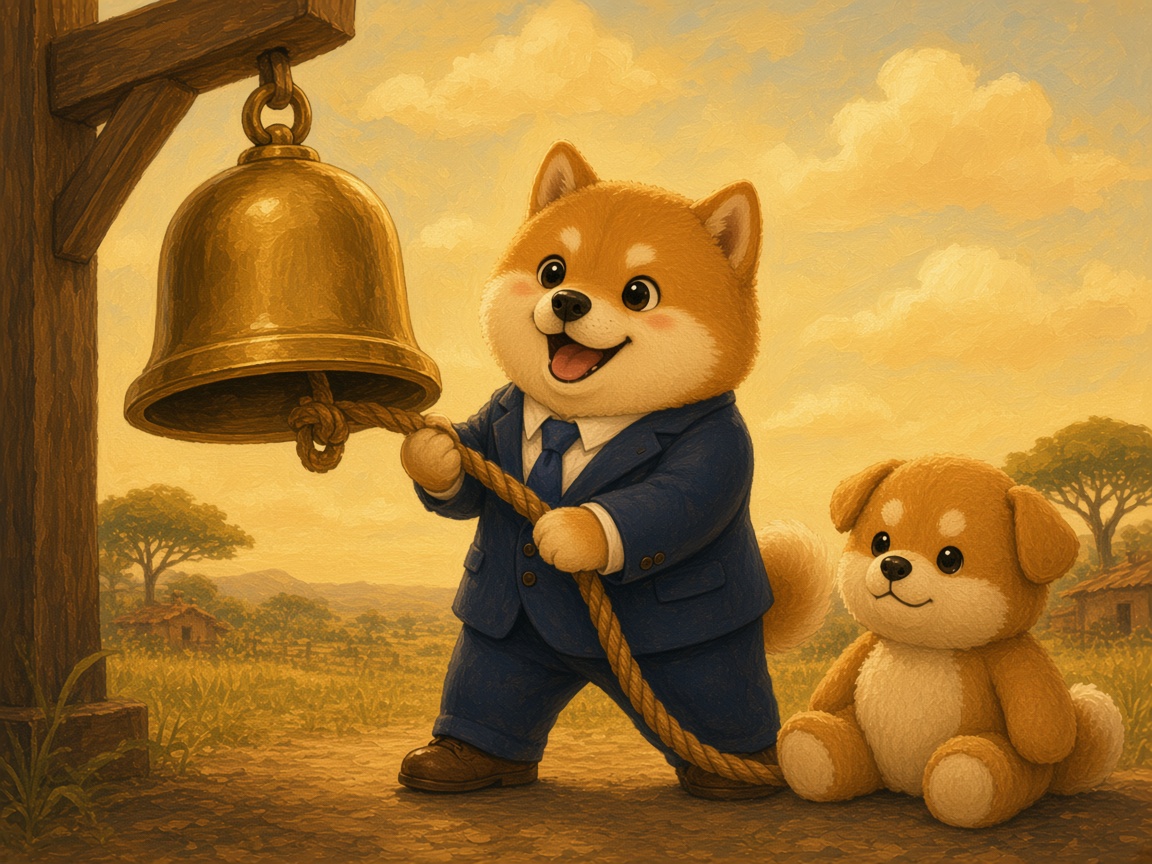 Cartoon Shiba in a tiny business suit ringing a gold Nasdaq bell beside a stuffed toy Shiba