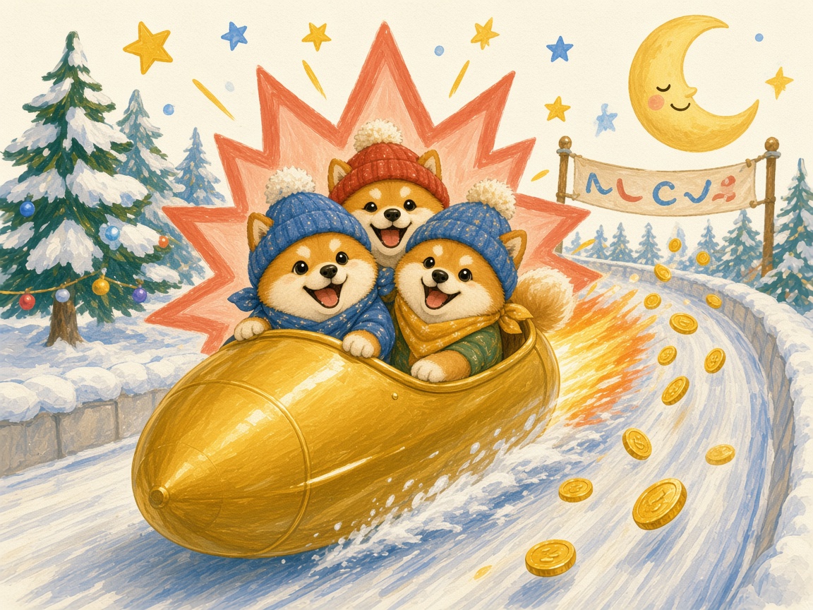 Two cartoon Shibas riding a chubby gold bobsled down a snowy track